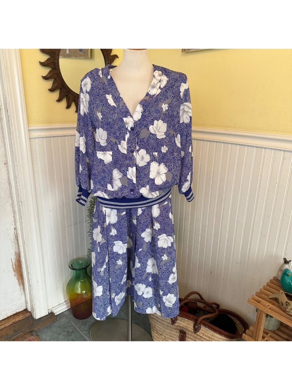 Vintage Evanna Blue Floral midi pleated Skirt & Jacket Set 2 piece 80s